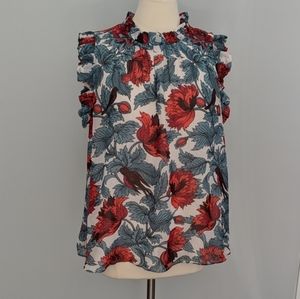 Ann Taylor Cardinal Red Bird Layered Ruffle Blouse XL Extra Large